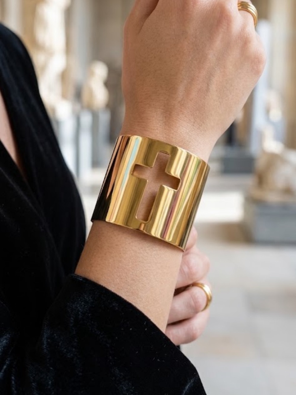 New Gold Tone Cross Cutout Cuff Bracelet Wide Statement Bangle Religious